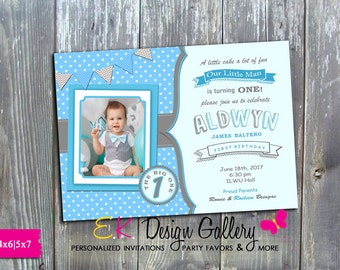 First Birthday Party Invitation, Boys Blue Silver, 1st Birthday, Personalized Birthday Invite