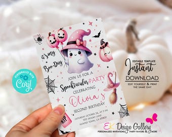 Pink Ghost Birthday Invitation: Spooky Halloween Party, Editable (PDF & JPEG)