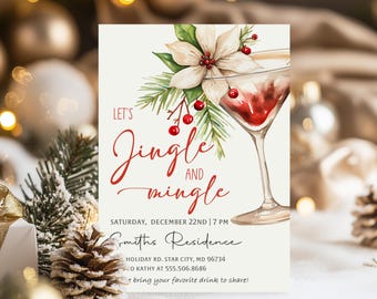 Könnte beinhalten: Eine festliche Einladung mit dem Schriftzug "Let's Jingle and Mingle" in roter Schrift. Sie zeigt eine Aquarellillustration eines Cocktails, eines Weihnachtssterns und Beeren. Die Einladung enthält Eventdetails.