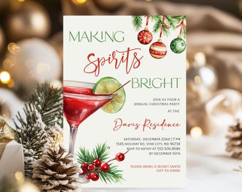 Making Spirits Bright Invitation: Christmas Adult Cocktails Party Invite (Editable, Instant Download)