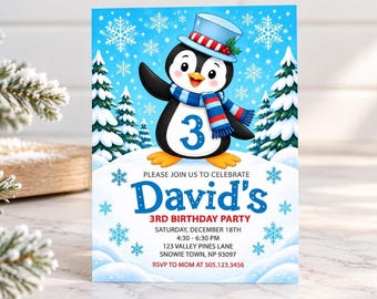 Bearbeitbare Geburtstagseinladung mit Winterpinguinen, digitaler Download