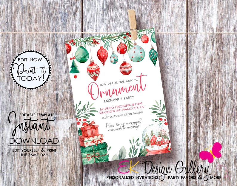 May include: A printable Christmas party invitation with a watercolour design featuring ornaments, a snow globe, and presents. The text reads "Join us for our annual Ornament Exchange Party" with the date, time, and location.