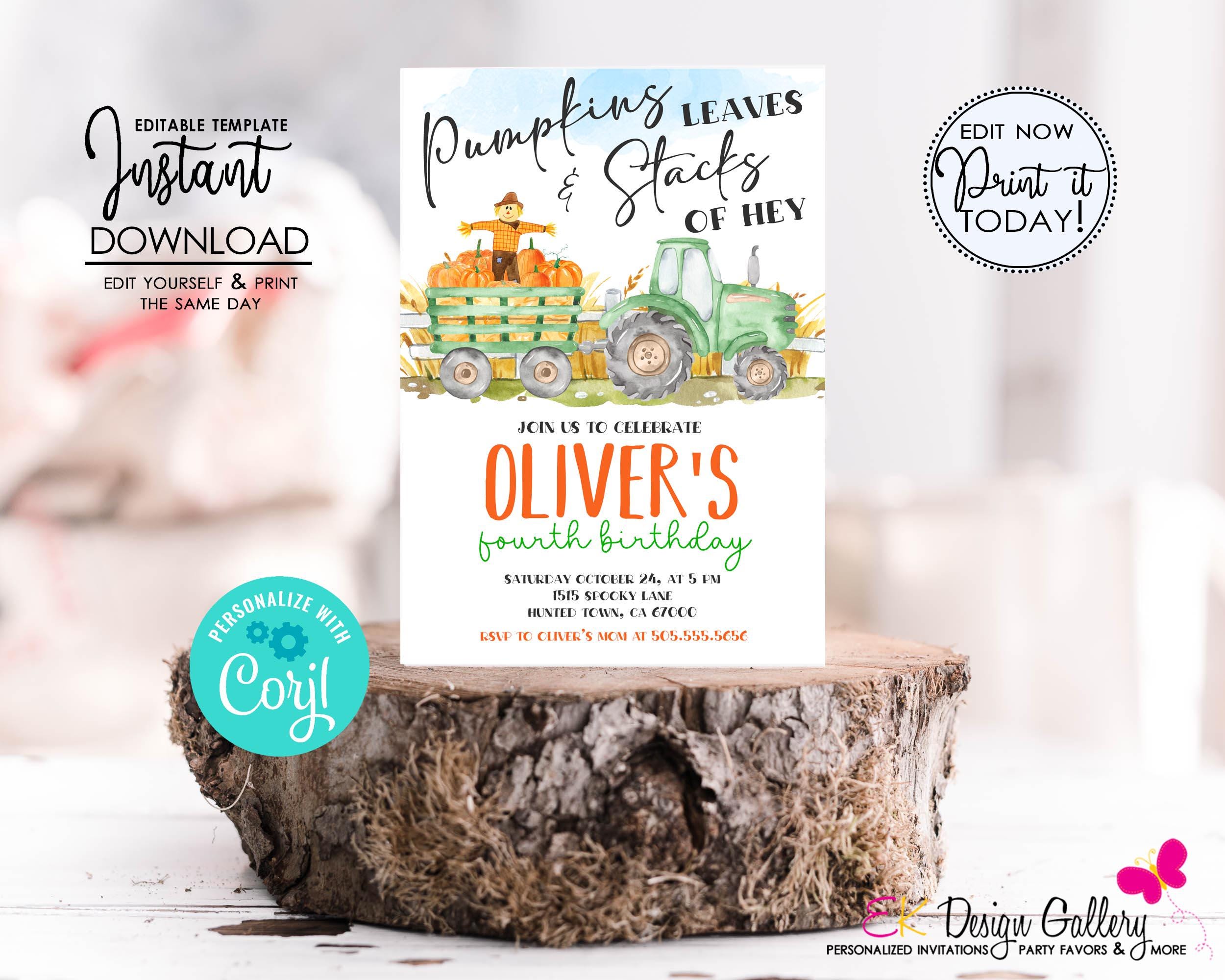 Hay Ride Evite Tractor Hayride Birthday Invitation: Pumpkin Patch Farm Party (editable ...