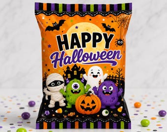 Halloween Monsters Chip Bag Wrapper, Editable Halloween Trick or Treat Party Favor Wrap (Digital Download)