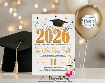Gold Graduation Party Invitation: Class of 2026, Editable Template (Instant Download)