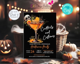 Halloween Party Cocktails and Costumes Invitation, Adult Party Invite (Editable, Digital Download)