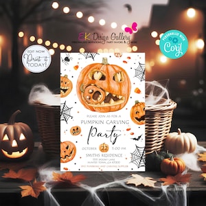 May include: A printable invitation for a pumpkin carving party. The invitation features a cartoon pumpkin with a toothy grin and a spider web design. The text on the invitation reads "Please join as for a pumpkin carving party" and includes the date, time, and location of the event.