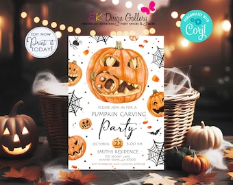 Halloween Pumpkin Carving Party Invitation: Editable Jack O Lanterns Invite, Editable Template
