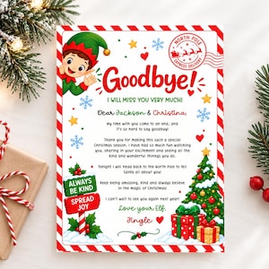 Könnte beinhalten: Ein rechteckiger Weihnachtsbrief mit einem rot-weißen Zuckerstangenrand. Er zeigt einen Cartoon-Elfen, einen geschmückten Weihnachtsbaum, Geschenke und den Text Goodbye! I WILL MISS YOU VERY MUCH! Dear Jackson & Christina, sowie Love your Elf, Jingle.