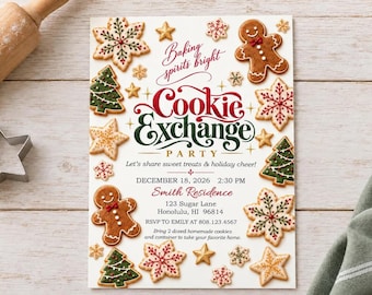 May include: A rectangular invitation card featuring the text Baking spirits bright Cookie Exchange PARTY, December 18, 2026, 2:30 PM, Smith Residence, 123 Sugar Lane, Honolulu, HI 96814, RSVP to Emily at 808.123.4567, surrounded by gingerbread men, trees, and snowflakes.