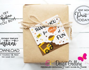 Construction Thank You Tag, Construction Birthday Tag, Dump Truck Tag, Construction Favor Treat Tag, Construction Theme, Instant Download