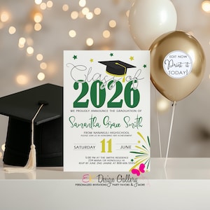 Abitur Einladung, Klasse von 2026, bearbeitbare grün & gelbe Party einladen (Instant Download)