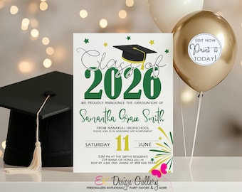 Graduation Invitation, Class of 2026, Editable Green & Yellow Party Invite (Instant Download)