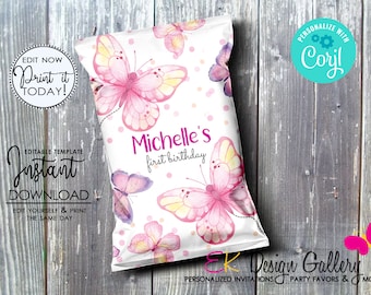 Butterfly Chip Bag: Birthday party Favor, Snack Wrap (EDITABLE, Instant Download)