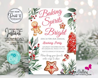 May include: A printable invitation for a Christmas baking party. The invitation features a watercolor illustration of gingerbread cookies, holly, and candy canes. The text reads "Baking Spirits Bright" and includes details about the party, such as the date, time, and location.