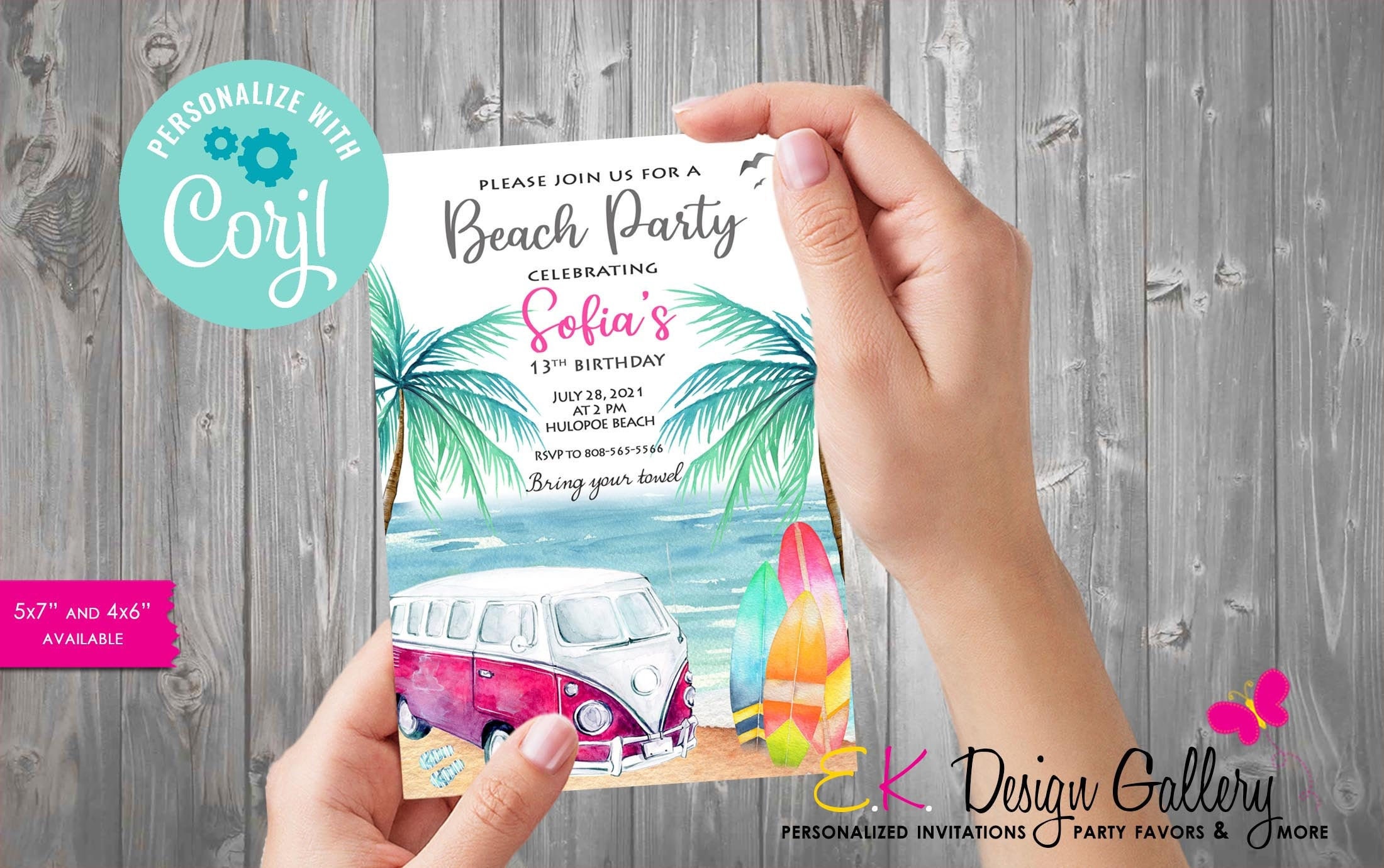 INSTANT DOWNLOAD Girl Beach Party Invitation Summer Girl Birthday Surf Birthday Invite Corjl EDITABLE Template Digital Invite