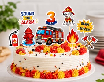 Firetruck Cupcake Toppers and Centerpiece, Printable Firefighter Party Cake Decoration (Instant Download)