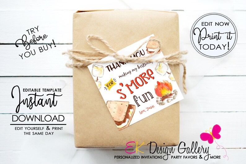 May include: A brown paper gift bag with a white tag tied with twine. The tag has a watercolor illustration of a s'more and a campfire with the text "Thank you for making my birthday s'more fun."