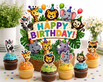Jungle Safari, Party Animals Cupcake Toppers & Cake Centerpiece Printable Decoration (Instant Download)