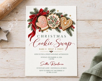 May include: A Christmas Cookie Swap invitation card featuring a red bow, pine branches, and decorated cookies. Text includes: CHRISTMAS Cookie Swap, BAKE SWAP ENJOY, JOIN US FOR A SWEET HOLIDAY AFTERNOON, SUNDAY, DECEMBER 18, 2026, 3:30 PM, Smiths Residence, 123 SUGAR LANE HONOLULU, HI 96814, RSVP TO EMILY BY DECEMBER 15 AT 808.123.4567.