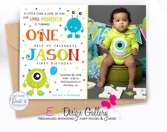Little Monster Photo Invitation: Boys First Birthday Party Invite (Editable, Digital Download)