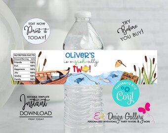 May include: A water bottle with a custom label featuring a fishing theme. The label includes a boat, fish, and the text "Oliver's is o-fish-ally TWO!" and "Nutrition Facts". Additional text includes "Print it TODAY!" and "Try Before You Buy!"