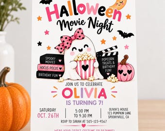 Halloween Movie Night Birthday Invitation, Editable Girl Party Invite, Digital Download