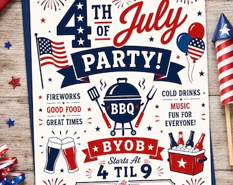 4th of July Party Invitation, Patriotic BBQ Celebration, Independence Day Party Invite (Instant Download)