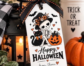Gothic Skeleton Halloween Treat Tag, Editable Name, Spooky Cat Pumpkin (Digital Download)