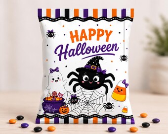 Halloween Spider Chip Bag Wrapper, Editable Trick or Treat Party Favor Wrap (Digital Download)