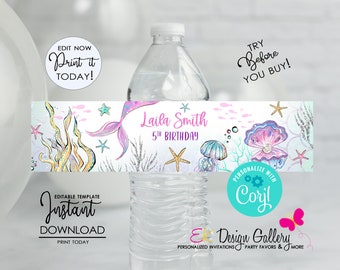 Mermaid Tail Water Bottle Label, Under The Sea Bottle Wrap Party Decoration (Editable, Instant Download)
