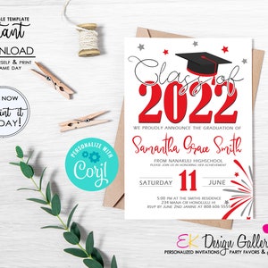 May include: Graduation announcement card with red and white fireworks, a black graduation cap, and the text "Class of 2022". The card is white with a red border and stars. The text "We proudly announce the graduation of Samantha Grace Smith from Nanakuli High School" is printed on the card. The card also includes the date and time of the graduation ceremony.