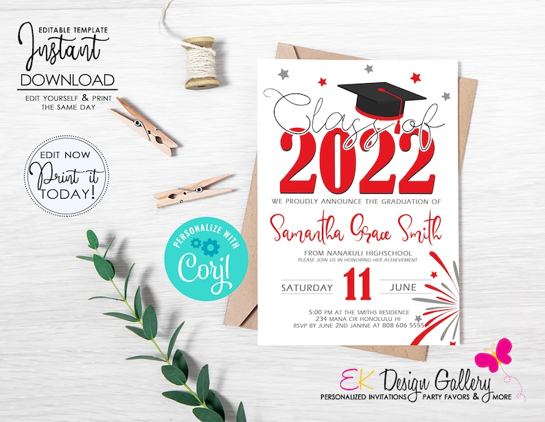 Graduation 2024 Invitation, Red Grad Invite, Graduation Party Invite, Class of 2024 Celebration, Instant Download, Corjl EDITABLE Template image 6