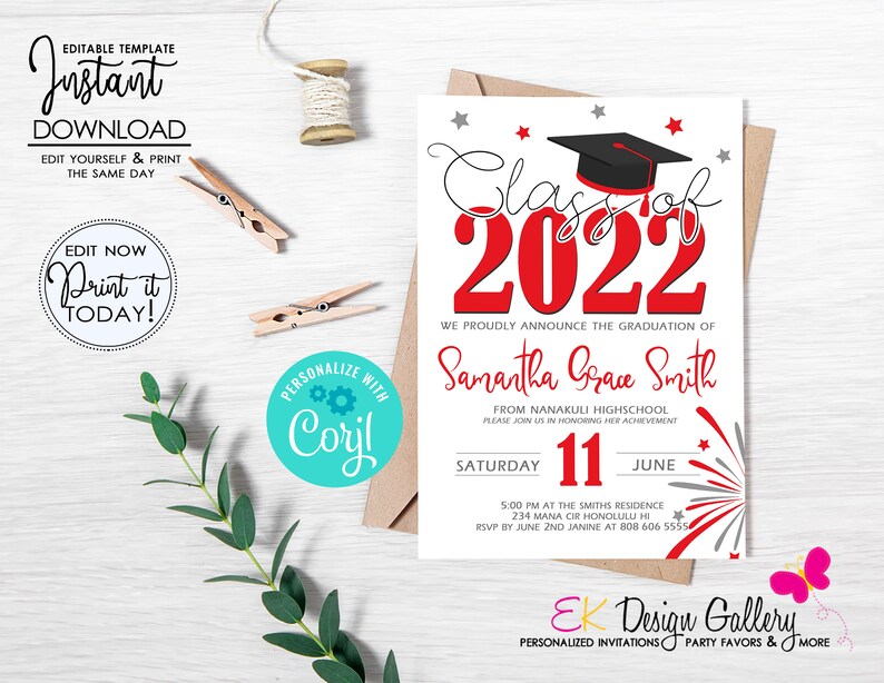 May include: Graduation announcement card with red and white fireworks, a black graduation cap, and the text "Class of 2022". The card is white with a red border and stars. The text "We proudly announce the graduation of Samantha Grace Smith from Nanakuli High School" is printed on the card. The card also includes the date and time of the graduation ceremony.