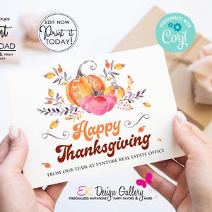 Cartão de Feliz Dia de Ação de Graças, Cartão de Agradecimento de Ação de Graças, Abóbora Floral de Ação de Graças, Cartão Digital de Agradecimento Editável para Download Instantâneo