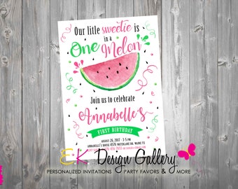 Watermelon Birthday Invitation, One in a Melon Girl 1st Birthday Invite, Digital INSTANT DOWNLOAD