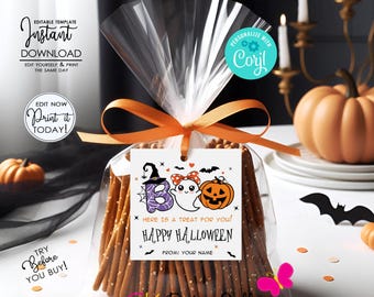 ハロウィーンのお菓子タグ：学校向けプレゼント交換用ラベル（編集可能、デジタルダウンロード）