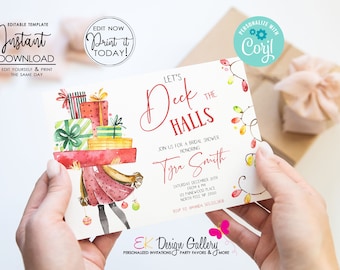 May include: A printable bridal shower invitation with a watercolor illustration of a person carrying a stack of wrapped gifts. The text reads "Let's Deck the Halls" and includes details for the event, such as the date, time, and location. The invitation is personalized with the name "Tyra Smith".