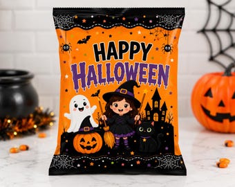 Halloween Chip Bag Wrapper, Editable Halloween Orange Trick or Treat Party Favor (Digital Download)