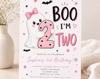 Boo I’m Two Birthday Invitation, Halloween Girls Ghost Invite, 2nd Birthday Party, Digital Download