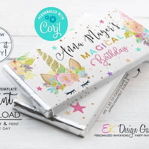Editable Unicorn Candy Wrapper Unicorn Chocolate Candy Bar Wrap Unicorn Birthday Party Magical Birthday Instant Download Corjl Template