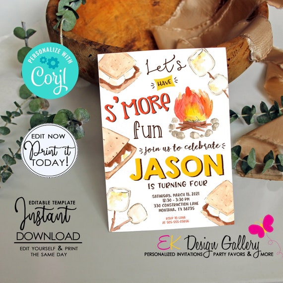 S'mores Birthday Invitation: Bonfire Party Invite (Editable, Digital Download
