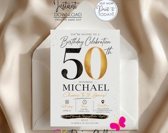 50th Birthday Invitation Template, Black and Gold Invite, Adult Milestone Party Invite (Instant Download)