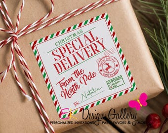 Christmas Tag, Special Delivery From North Pole Label, Santa Mail Sticker (Editable, Digital Download)