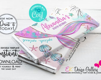Mermaid Birthday Candy Bar Wrapper: Chocolate Wrap (Editable, Instant Download)