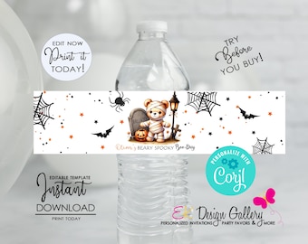 May include: Printable water bottle label featuring a cartoon mummy bear with a Halloween theme. The label includes the text "Oliver's Beary Spooky Boo-Day" and "Personalize with Coril".