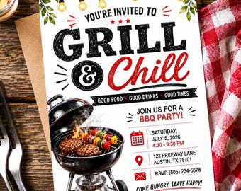 Grill & Chill BBQ Invitation Template, Editable Backyard Party Invite, Summer Cookout Invite (Instant Download)