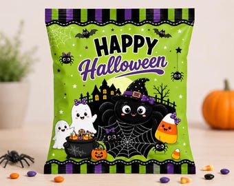 Halloween Spider Chip Bag Wrapper, Editable Trick or Treat Party Favor Wrap (Digital Download)