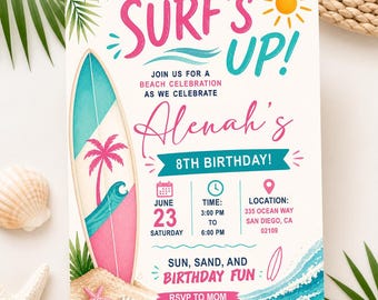 Surf's Up Birthday Invitation, Editable Ocean Girl Surfer Invite, Surfboarding Party (Instant, Digital Download)