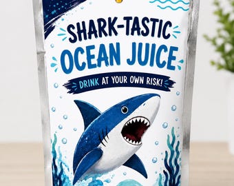 Shark Birthday Juice Pouch Label, Printable Shark-Tastic Party Favor Labels (Instant Download)